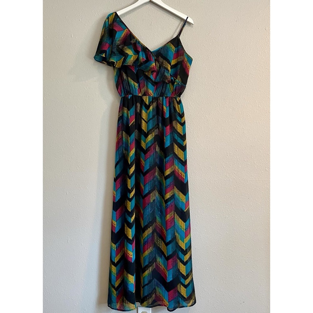 Allen B. One Shoulder Chevron Maxi Dress Ruffle Whimsigoth Boho Festival Print 6